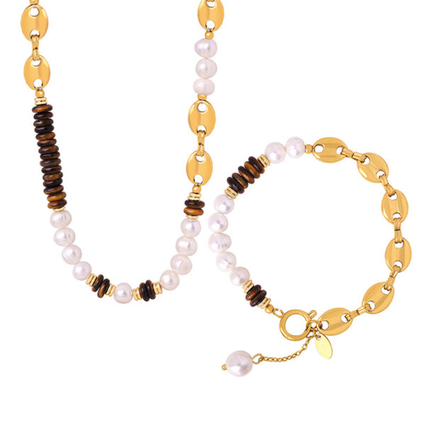 Titanium steel freshwater pearl tiger eye stone chain bracelet - Image 2