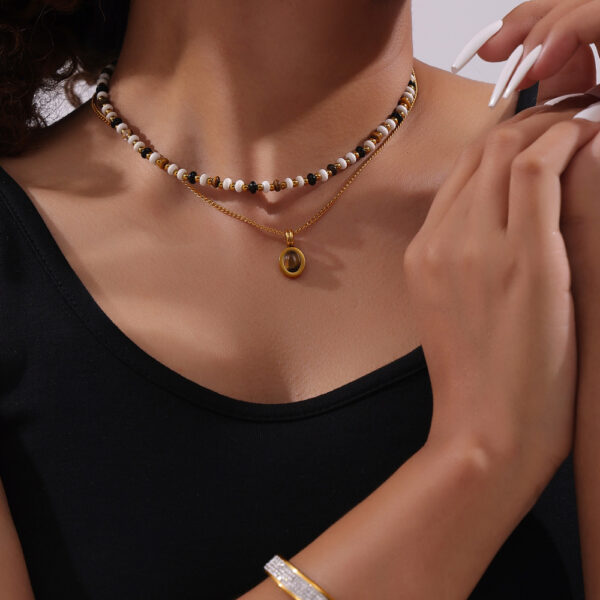 Natural stone beaded necklace tiger eye stone pendant double layer