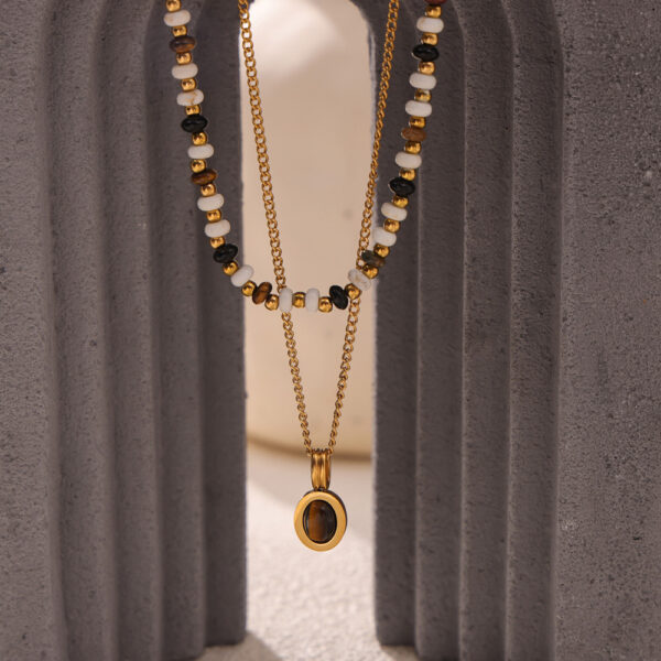 Natural stone beaded necklace tiger eye stone pendant double layer - Image 3