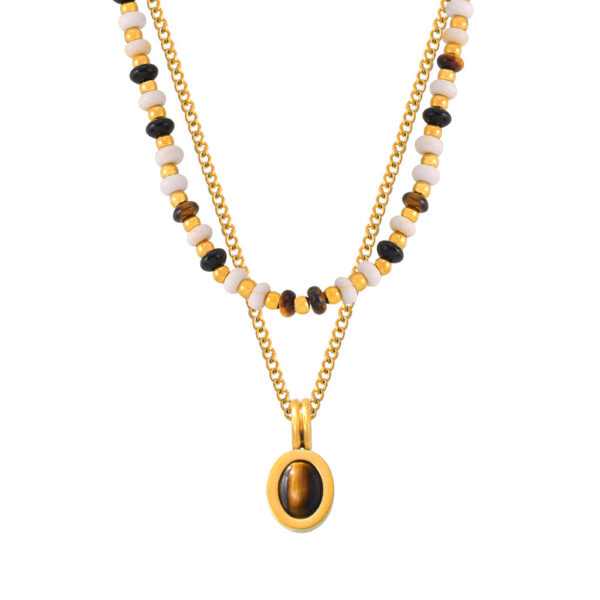 Natural stone beaded necklace tiger eye stone pendant double layer - Image 4