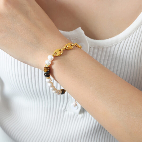 Titanium steel freshwater pearl tiger eye stone chain bracelet